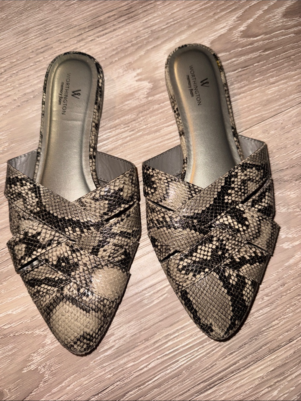 Worthington Beige and Black Snake-Print Pointed Slide Mules